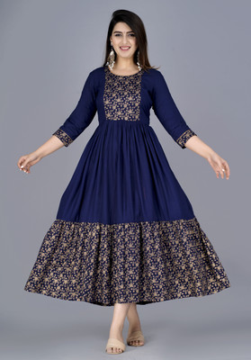 VMS Fashion Women Printed Anarkali Kurta(Dark Blue)