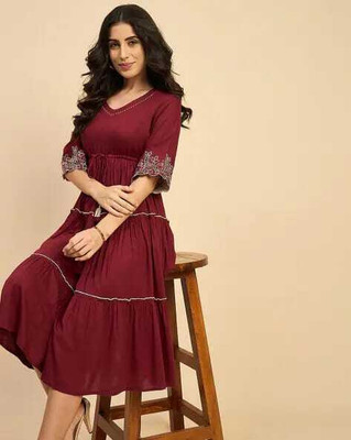 NKRM Women Solid Flared Kurta(Maroon)