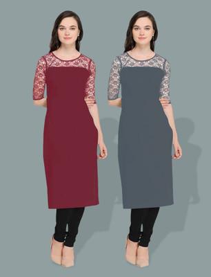 Dream Beauty Fashion Women Embellished Straight Kurta(Maroon, Grey)