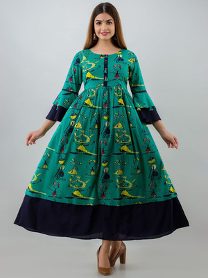 ANOUK Women Printed Anarkali Kurta(Green)