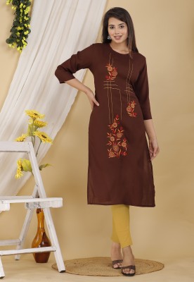 Mehsoos Women Embroidered Straight Kurta(Brown)