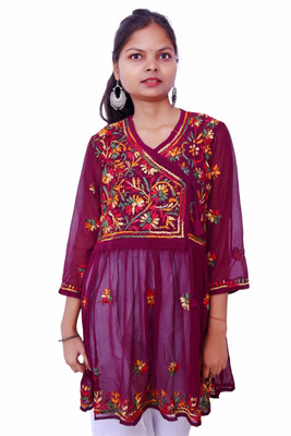Ah creation Women Chikan Embroidery Ethnic Dress Kurta(Maroon)