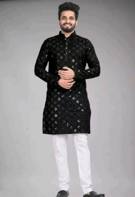 BISWAS Men Embellished Straight Kurta(Black)