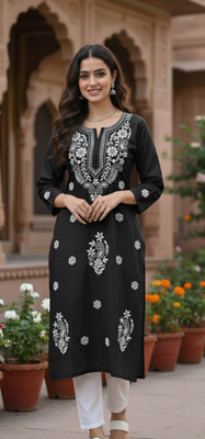 CHIKANKRI Women Chikan Embroidery Straight Kurta(Pink)