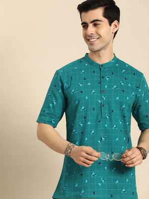 ANOUK Men Geometric Print Straight Kurta(Light Green)