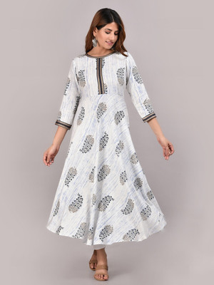 Yash Gallery Women Printed Anarkali Kurta(White)