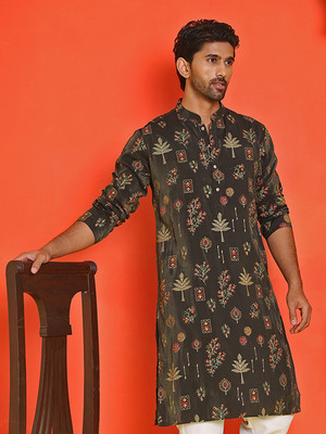 Jompers Men Printed Straight Kurta(Black)