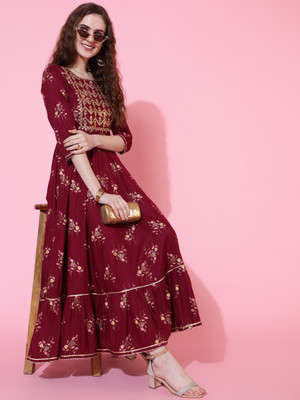 Gulmohar Jaipur Women Printed Flared Kurta(Maroon)