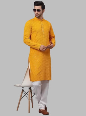 Shree Dutt Creation Men Embellished Straight Kurta(Yellow)