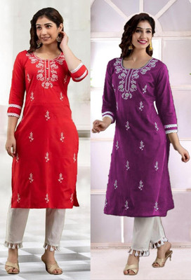 vikshi Women Chikan Embroidery A-line Kurta(Multicolor)
