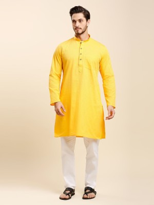 Rajubhai Hargovindas Men Woven Design Straight Kurta(Yellow)