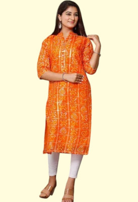 Parth f Women Bandhani A-line Kurta(Orange)