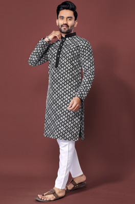 FOXDX Men Embroidered A-line Kurta(Black)