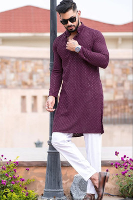 Lazzly Men Chikan Embroidery A-line Kurta(Purple)