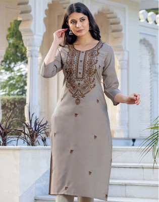 Skylee Women Chikan Embroidery Straight Kurta(Beige)