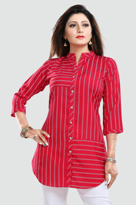 Anmi Short Red Tunic for Women/Short Kurta For women Striped Women Straight Kurta(Red)