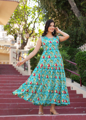 CHARVI CREATION Women Printed Gown Kurta(Blue)