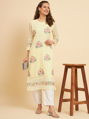 vairagee Women Embroidered Straight Kurta(Yellow)