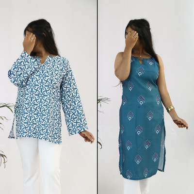 aanzri Women Printed Straight Kurta(Blue, Purple)