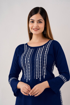 Udati Kaliya Women Embroidered Straight Kurta(Dark Blue)