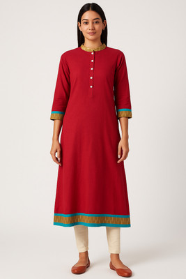 Cloth Stories Women Solid, Geometric Print, Striped A-line Kurta(Red)