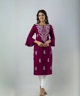 Purvija Kurties Women Chikan Embroidery, Embroidered Straight Kurta(Purple)