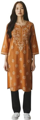 Eddika Women Chikan Embroidery Straight Kurta(Orange)