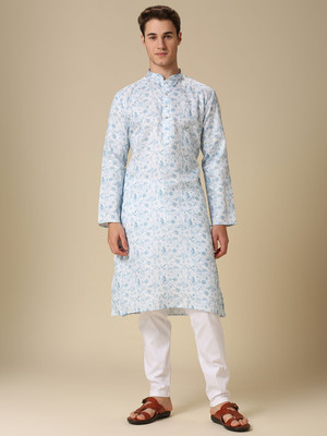 Rajubhai Hargovindas Men Printed Straight Kurta(Blue)