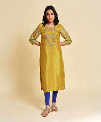W Women Embroidered Straight Kurta(Yellow)
