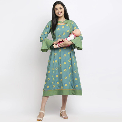 TRUE SHAPE Women Printed Flared Kurta(Light Blue)