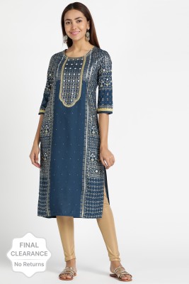 Aurelia Women Printed Straight Kurta(Blue)