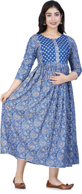 77Taj7 Women Block Print Anarkali Kurta(Blue)