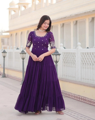 FOXDX Women Self Design Gown Kurta(Purple)