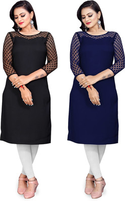 Maheshvi Women Self Design Straight Kurta(Dark Blue, Black)