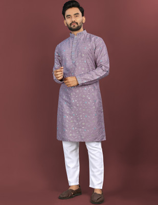 MOXTE Men Embroidered Straight Kurta(Purple)
