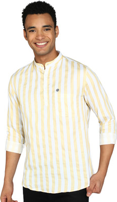 Kolor Fusion Men Striped Straight Kurta(Yellow)