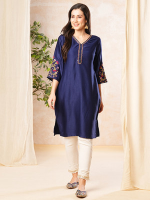 Globus Women Embroidered A-line Kurta(Blue)