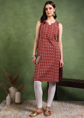 AKIKO Women Geometric Print Straight Kurta(Brown)