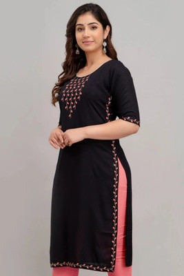 Sehrish Store Women Embroidered Straight Kurta(Black)