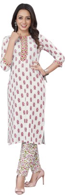 FABRILON Women Printed A-line Kurta(White, Pink)