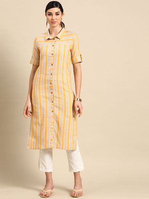 ANOUK Women Striped Straight Kurta(Yellow)