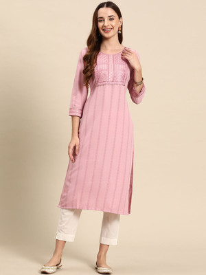 ANOUK Women Embroidered Straight Kurta(Pink)