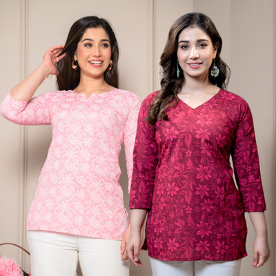 I N ENTERPRISES Women Floral Print Straight Kurta(Pink, Red)