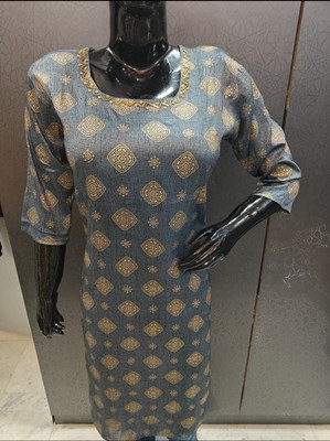 Banaras silk palace Women Printed A-line Kurta(Grey)
