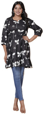 Hemys. Women Floral Print Flared Kurta(Black)