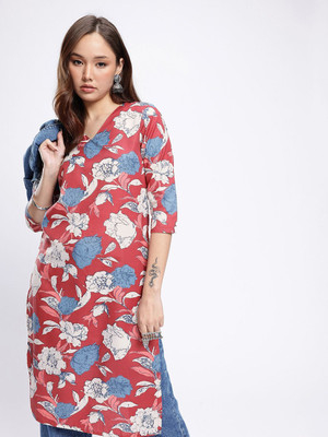 Anouk Rustic Women Floral Print Straight Kurta(Red)