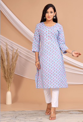 Muslin Women Printed Straight Kurta(Light Blue)