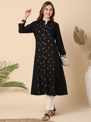 Globus Women Embroidered A-line Kurta(Black)