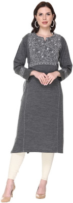 Elthia Women Embroidered A-line Kurta(Grey)