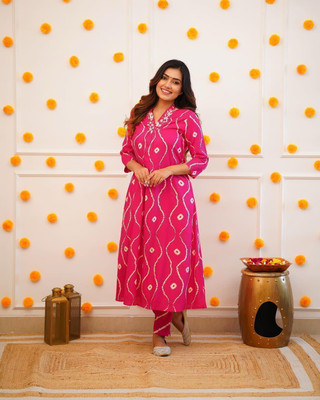 Saral Women Bandhani, Dyed/Ombre, Printed A-line Kurta(Pink)